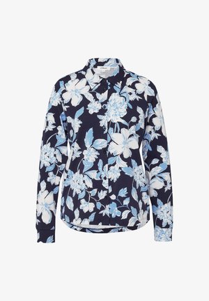 Granatowa koszula w kwiaty z dużymi niebieskimi i białymi wzorami kwiatowymi, długimi rękawami, kołnierzykiem oraz zapinana na guziki z zaokrąglonym dołem.
