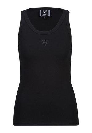 Débardeur noir côtelé sans manches avec col rond et petit logo embossé au centre de la poitrine.