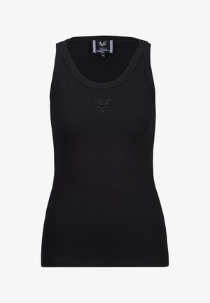 Schwarzes, geripptes ärmelloses Tanktop mit rundem Ausschnitt und kleinem, geprägtem Logo in der Mitte der Brust.