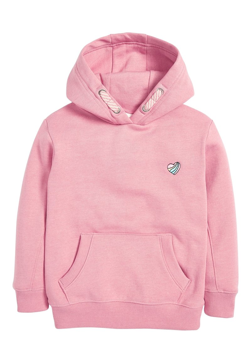 Sweat à capuche rose avec poche avant, poignets et ourlet côtelés, capuche à cordon de serrage, et petit cœur pastel brodé sur la poitrine.