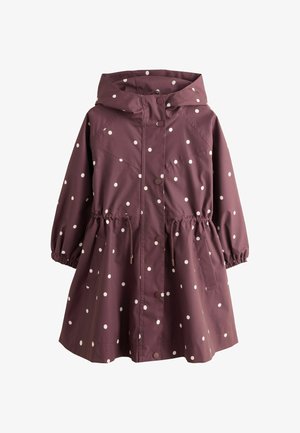 Imperméable bordeaux pour enfants avec des pois blancs, capuche, boutons-pression à l'avant, poignets élastiques, cordon de serrage réglable à la taille et poches latérales.