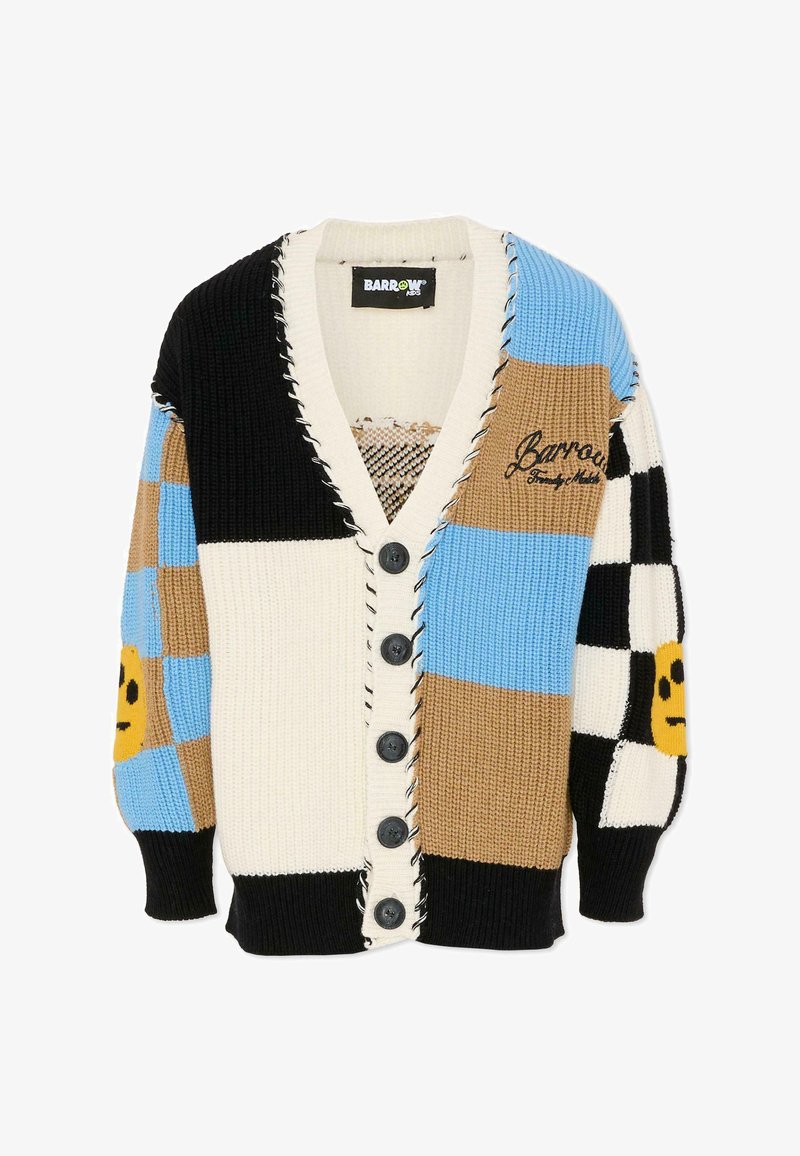 Meergekleurde gebreide cardigan met een mix van zwarte, witte, blauwe en bruine vlekken, knoopsluiting en decoratieve stiksels. Smileygezicht detail.