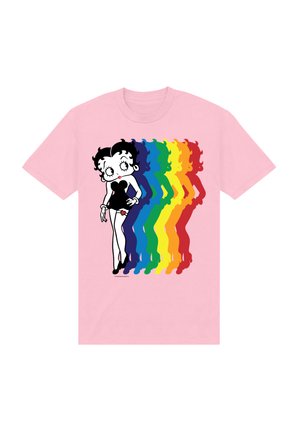T-shirt en coton rose avec un graphique d'un personnage de dessin animé en noir, présentant des silhouettes arc-en-ciel colorées derrière elle.
