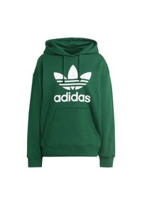 Grön huvtröja i mjukt material, med en stor vit Adidas-logotyp och tre horisontella vita ränder på bröstet.