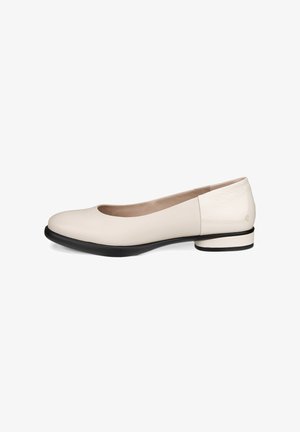 Ballet flat shoe in light beige leather with a smooth finish, rounded toe, black rubber sole, and a subtle textured back detail.