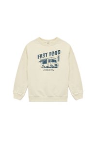Kremowa bluza z miękkiego materiału, z niebieską grafiką food trucka i napisem "FAST FOOD RIDER" z przodu.