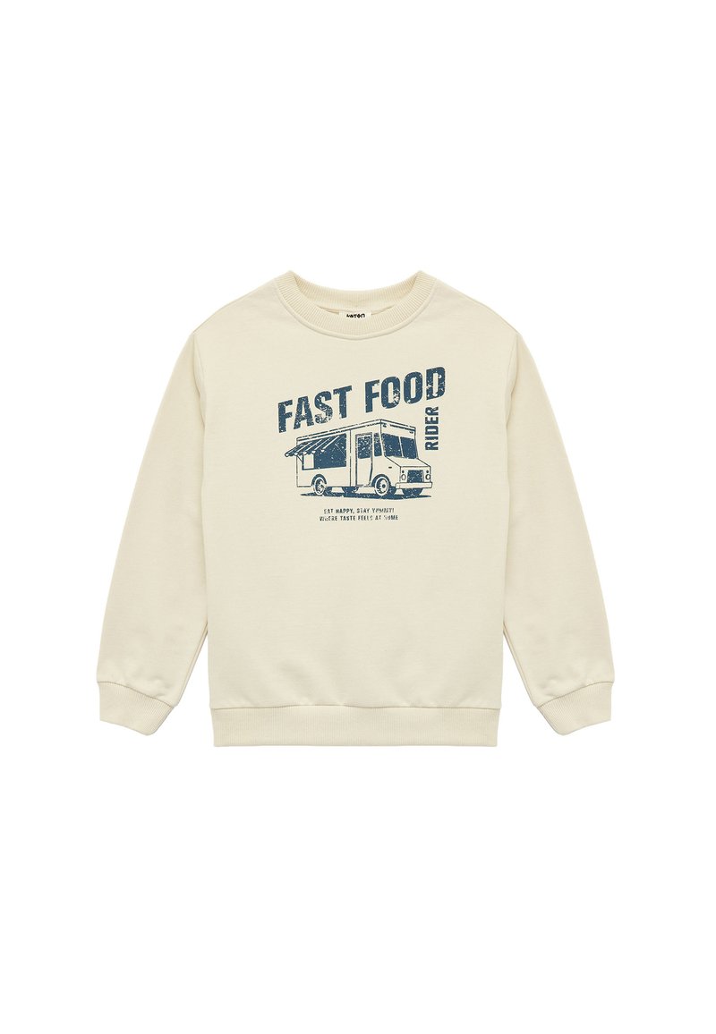 Kremowa bluza z miękkiego materiału, z niebieską grafiką food trucka i napisem "FAST FOOD RIDER" z przodu.