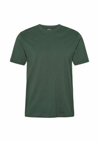 Temno zelena kratka majica s kratkimi rokavi in okrolim izrezom, enostavne zasnove, prikazana spredaj na belem ozadju.