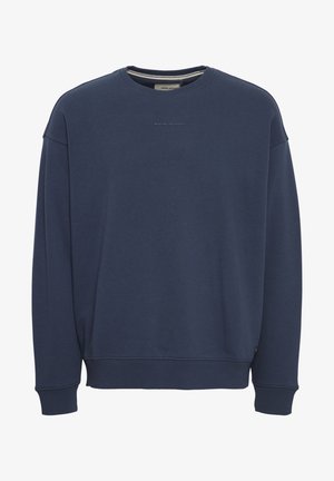 Marineblaue Sweatshirt aus Baumwollmischung, mit langen Ärmeln, geripptem Halsausschnitt und Bündchen, mit dem vorderen Text "WORIN BIST DU REICH?" in heller Schrift.