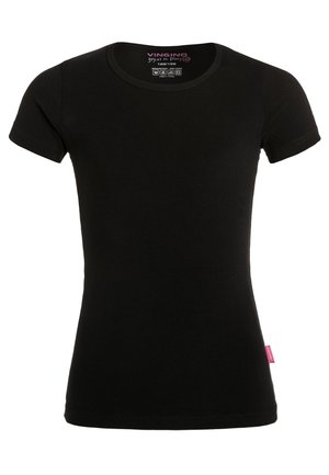 Black short-sleeve fitted t-shirt with round neckline and small pink tag on side seam.