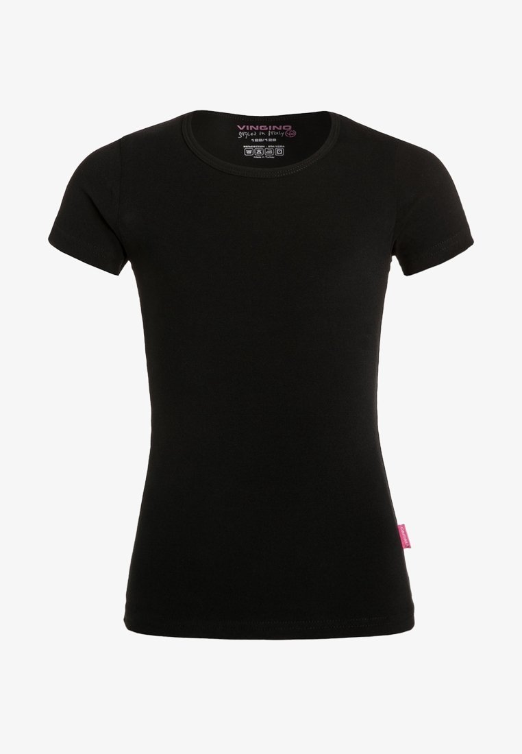 T-shirt noir ajusté à manches courtes avec encolure ronde et petite étiquette rose sur la couture latérale.