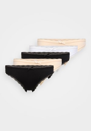 Ensemble de quatre culottes pour femmes en noir, beige, blanc et beige clair. Présente une bordure en dentelle avec un petit nœud sur le devant.