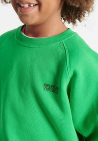 Felpa verde in cotone, con collo a girocollo ribbed e maniche raglan. Include un piccolo logo nero "American Vintage" sul petto.