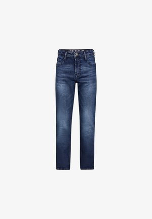 Dunkelblaue Denim-Jeans mit geradem Schnitt, fünf Taschen, leichtem Verblassen an den Beinen sowie metallischem Knopf und Reißverschluss.