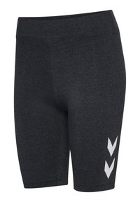 Svarta sportshorts i stretchmaterial med hög midja och tre vita chevronränder på sidan.