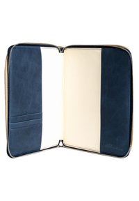Donkerblauwe leren organizer met rits en een crèmekleurig interieur, voorzien van kaartsleuven aan de ene kant en een gladde textuur, ideaal voor documenten en accessoires.