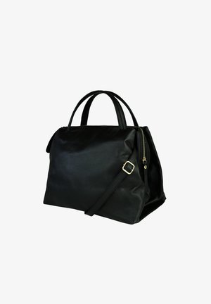Sac à main en cuir noir avec une surface texturée, deux poignées supérieures, une bandoulière amovible et un détail de fermeture éclair dorée.