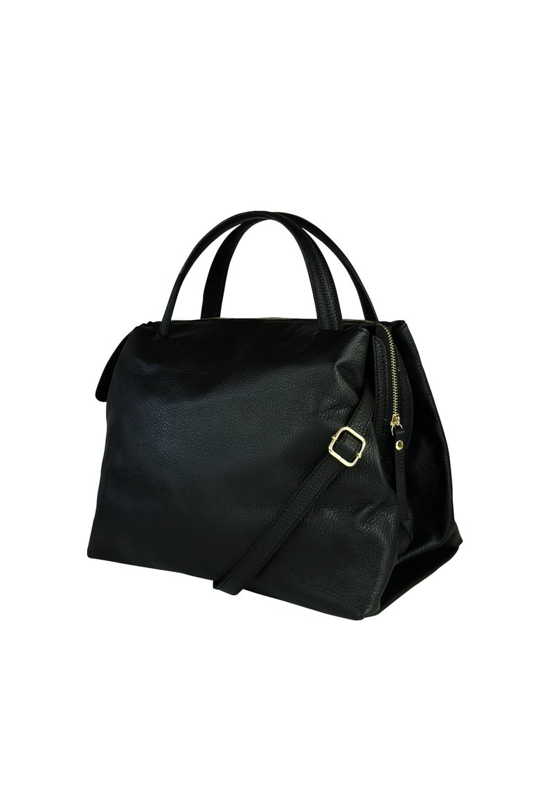 Zwarte leren handtas met een gestructureerd oppervlak, dubbele handvatten bovenaan, een afneembare schouderriem en een gouden ritsdetails.