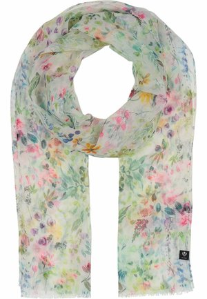 Écharpe à motif floral en tissu léger et translucide. Présente des couleurs pastel douces, y compris du vert, du rose et du jaune, avec des bords frangés.