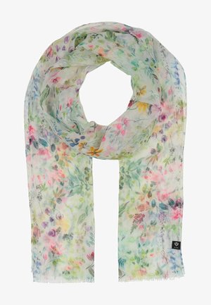 Sciarpa a fantasia floreale in tessuto leggero e traslucido. Presenta colori pastello morbidi, tra cui verde, rosa e giallo, con bordi frangiati.