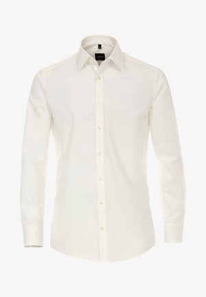 Weißes Hemd aus glattem Stoff, mit spitzen Kragen, langen Ärmeln, knöpfbarem Frontverschluss und abgerundetem Saum. Minimalistisches Design.
