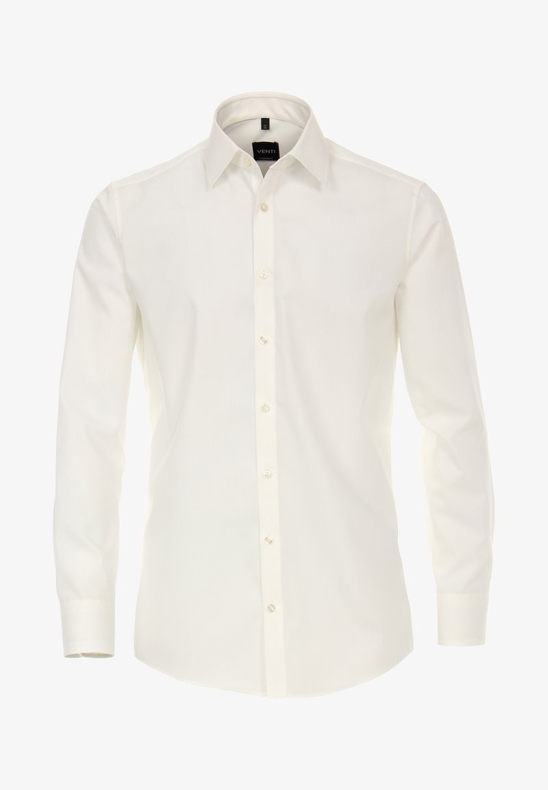 Weißes Hemd aus glattem Stoff, mit spitzen Kragen, langen Ärmeln, knöpfbarem Frontverschluss und abgerundetem Saum. Minimalistisches Design.