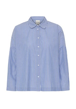 Blau-weiß gestreiftes Hemd mit Kragen, Knopfleiste vorne und lockerem Schnitt. Hergestellt aus leichtem Stoff; verfügt über lange Ärmel und ein strukturiertes Design.