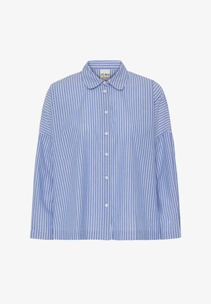 Blau-weiß gestreiftes Hemd mit Kragen, Knopfleiste vorne und lockerem Schnitt. Hergestellt aus leichtem Stoff; verfügt über lange Ärmel und ein strukturiertes Design.