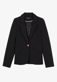 Schwarze Blazer aus glattem Stoff; verfügt über einen Reverskragen, einen einzelnen goldenen Knopfverschluss und zwei Fronttaschen.