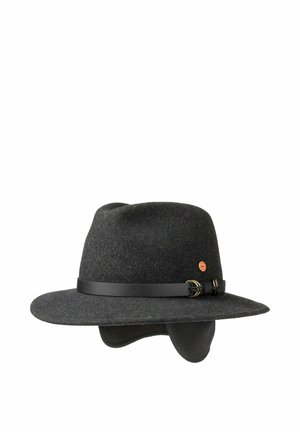Dark gray felt wide-brim hat with chin strap, leather band, metal buckle, small round badge, and ear flaps tucked under the brim.