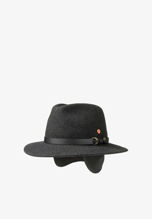 Dark gray felt wide-brim hat with chin strap, leather band, metal buckle, small round badge, and ear flaps tucked under the brim.