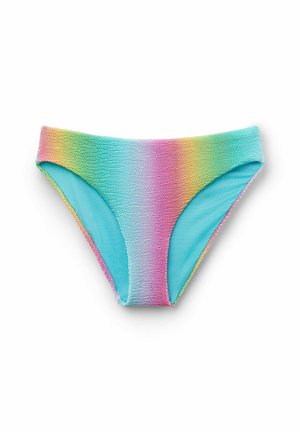 Kolorowe majtki bikini z gradientem od turkusu do różu, o teksturowanym, plecionym wyglądzie. Gładkie podszewka z umiarkowanym zakryciem.