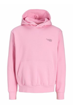 Sweat à capuche rose avec une poche avant, une capuche à cordon de serrage et des poignets côtelés, arborant un petit logo sur la poitrine. Confectionné en tissu doux et texturé.