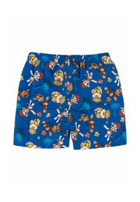 Pantaloni da bagno blu con stampa di cani cartoon a tutto campo, vita elasticizzata e colori vivaci, con dettagli di palme e impronte di zampe.