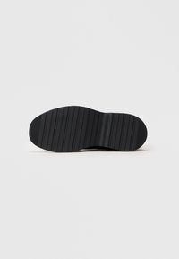 Suela de goma negra de un zapato Calvin Klein con ranuras horizontales para mayor agarre, fotografiada sobre un fondo blanco liso.