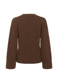 Brown knitted sweater, featuring a relaxed fit, crew neckline, and long sleeves with ribbed cuffs and hem. Soft texture with minimal detailing.