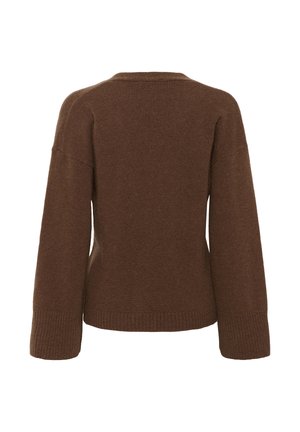 Rjav pleten sveter, ki ima sproščen kroj, okroglo ovratnik in dolge rokave z rebrastimi manšetami in spodnjim robom. Mehak material z minimalnimi detajli.