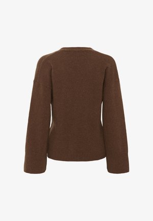 Brown knitted sweater, featuring a relaxed fit, crew neckline, and long sleeves with ribbed cuffs and hem. Soft texture with minimal detailing.
