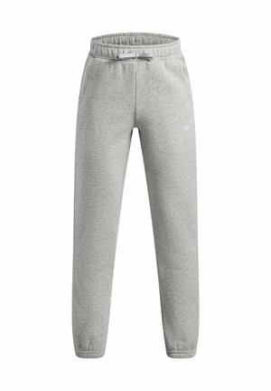 Light grey sweatpants with elastic waistband, drawstring, side pockets, and elastic cuffs, shown front view on white background.