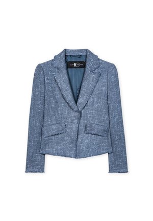 Kurz geschnittenes blaues Blazer aus strukturiertem Stoff, mit einem Reverskragen, zwei vorderen Taschen und einem Ein-Knopf-Verschluss.