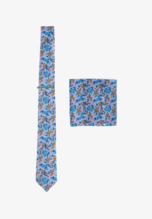 Floral patterned tie and pocket square set; light blue background with pink, brown, and green flowers; silk-like texture.