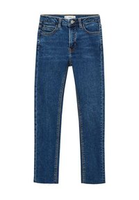 Mörkblå denimjeans med rak passform. Har fem fickor, knappstängning och lätt fransad nederkant för en avslappnad look.