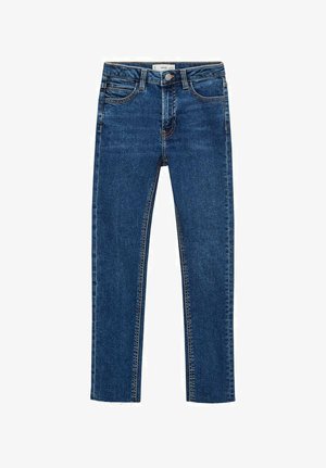 Dunkelblaue Denim-Jeans mit geradem Schnitt. Verfügt über fünf Taschen, einen Knopfverschluss und einen leicht ausgefransten Saum für einen lässigen Look.