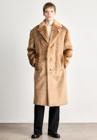 Brūna mākslīgā kažokāda ar plašu apkakli, divām lielām kabatām un pogu aizdari. Uzvilkta virs krēma krāsas džempera un melnām biksēm.