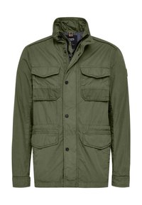 Olive green cotton jacket with high collar, front button closure, four flap pockets, and a relaxed fit. Features subtle textured fabric.