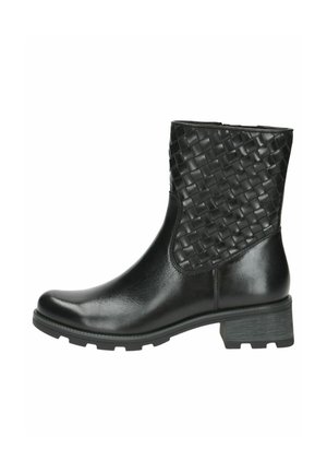 Black ankle boot with a textured woven panel, smooth leather finish, round toe, low block heel, and treaded rubber sole.