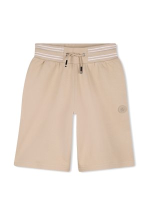 Pantaloncini beige al ginocchio con fascia elastica a righe e coulisse, con logo discreto sulla coscia sinistra.