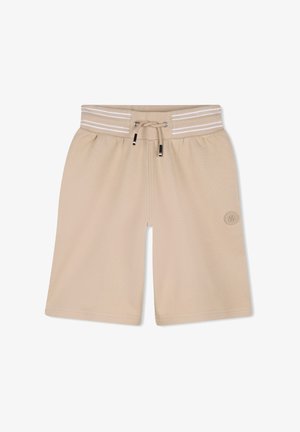 Short beige mi-long avec taille élastique rayée et cordon, avec un logo discret sur la cuisse gauche.