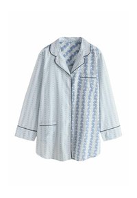 Puuvillainen pyjama-takki, jossa on sininen kukkakuvio ja vihreät pystyrivit, mustalla kantilla ja rintataskulla.