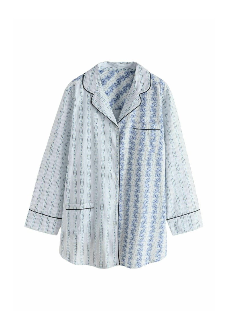 Puuvillainen pyjama-takki, jossa on sininen kukkakuvio ja vihreät pystyrivit, mustalla kantilla ja rintataskulla.